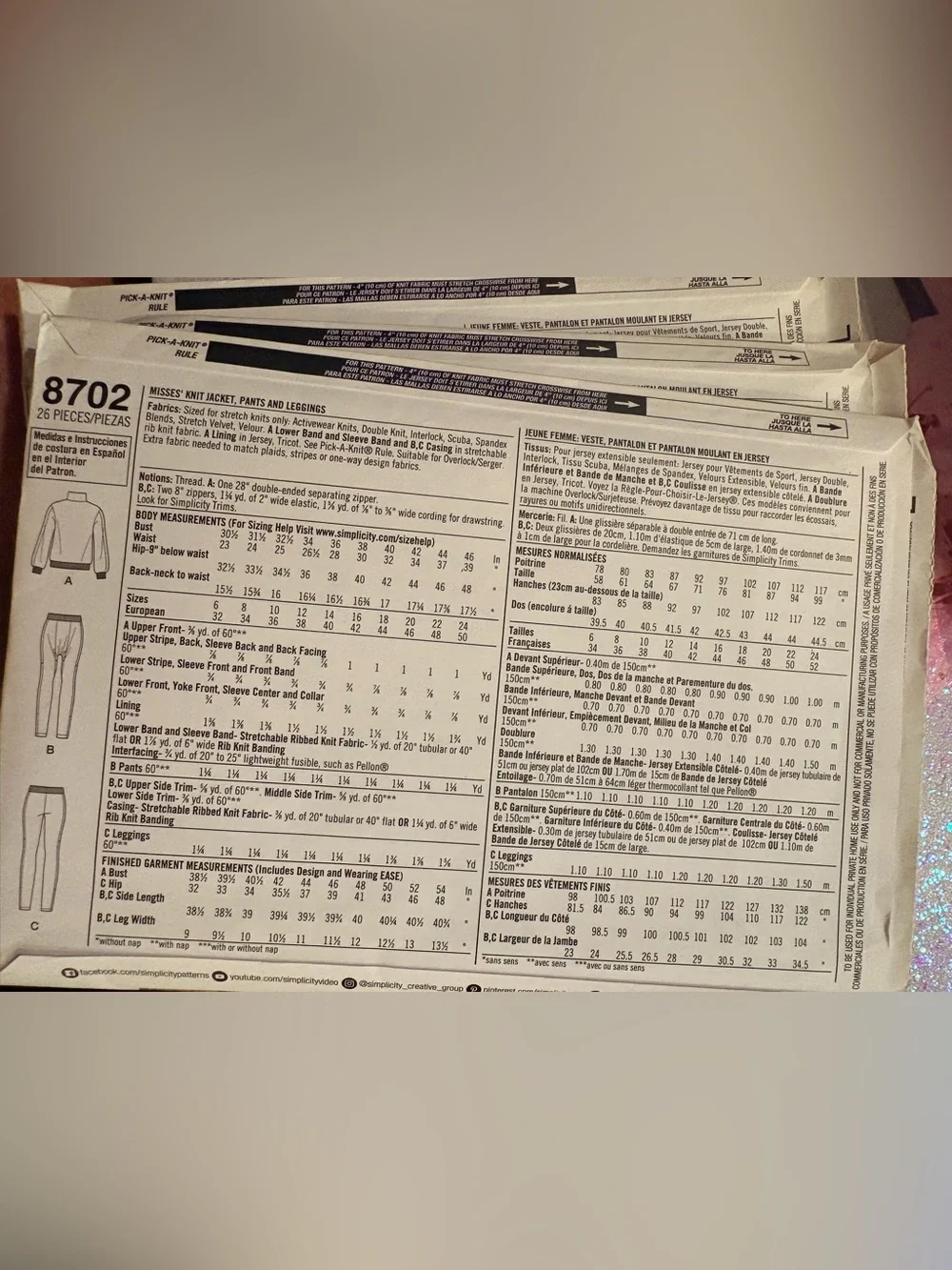 BN UNCUT SIMPLICITY 8702 H5 SEWING PATTERNS TRACK SUIT
